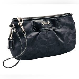 Coach Signature C Black Canvas Patent Leather Wristlet Clutch Silver Hardware